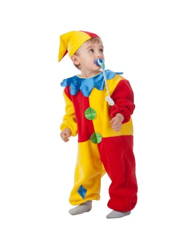 Bambino in costume da clown multicolore con tutina rossa gialla blu e cappello a punta per feste