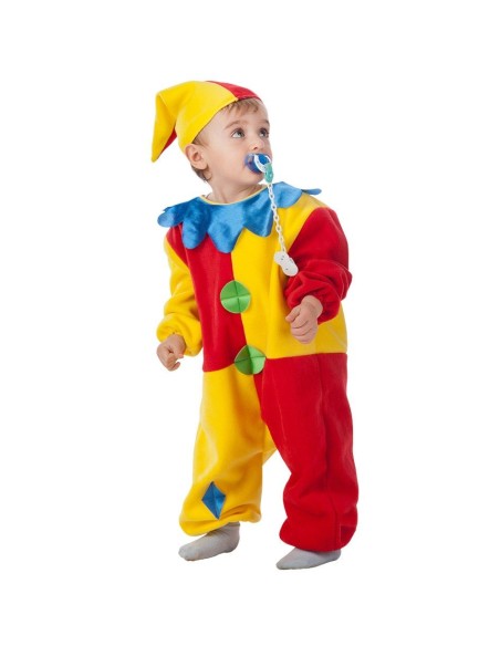 Bambino in costume da clown multicolore con tutina rossa gialla blu e cappello a punta per feste