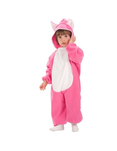 Costume da gattina rosa con cappuccio e orecchie per bambina piccola su sfondo bianco