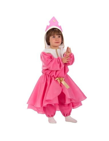 Costume principessa rosa bambina con corona bianca mantello e vestito a balze per feste