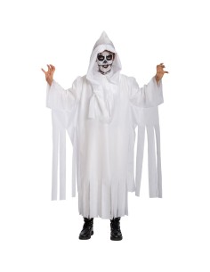 Costume fantasma bianco bambino con cappuccio teschio e strisce stracciate per Halloween
