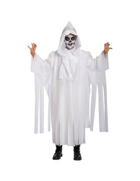 Costume fantasma bianco bambino con cappuccio teschio e strisce stracciate per Halloween