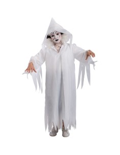 Costume morte bianca bambino con tunica e cappuccio bordi strappati Halloween