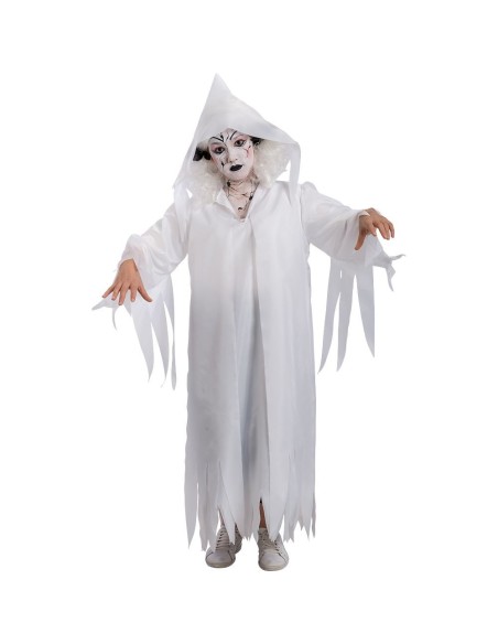 Costume morte bianca bambino con tunica e cappuccio bordi strappati Halloween