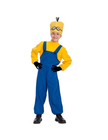 Bambino con costume minion giallo e blu con cappello caratteristico per feste