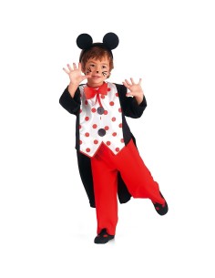 Bambino in costume da topino con orecchie nere, gilet a pois e pantaloni rossi per feste in maschera
