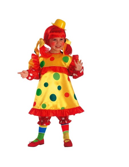 Costume da clown bambina con vestito giallo a pois colorati e cappello per feste