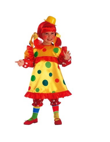 Costume da pagliaccio bambina con abito giallo a pois colorati cappello rosso pompon scarpe colorate