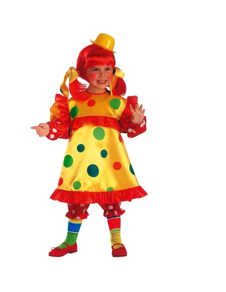 Costume da pagliaccio bambina con abito giallo a pois colorati cappello rosso pompon scarpe colorate