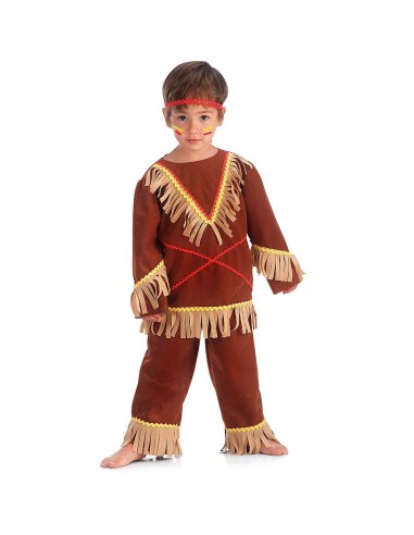 Costume da piccolo indiano marrone con frange dorate e fascia per bambino Halloween Carnevale
