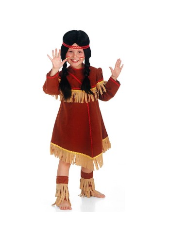 Costume da piccola indiana rossa con frange dorate e fascia con piuma per bambina