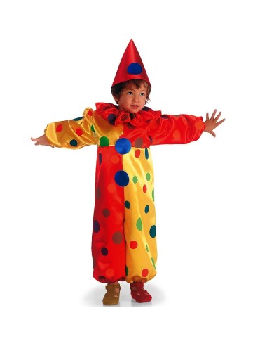 Costume pagliaccio bambino colorato rosso giallo con cappello pois e rouches collo per Carnevale