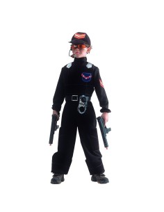 Costume poliziotto task-force bambino con tuta nera cappello e cintura tattica per travestimenti