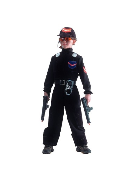 Costume task-force bambino con uniforme nera, berretto e cintura tattica per feste a tema militare