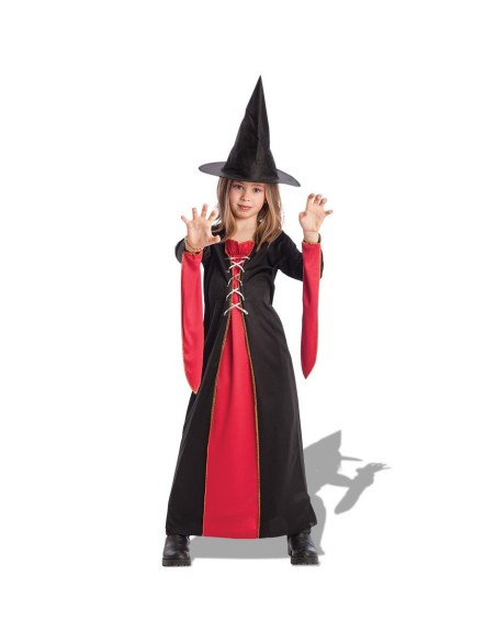 Bambina con costume da strega nero e rosso e cappello a punta per Halloween