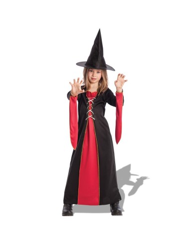 Bambina con costume da strega nero e rosso, abito lungo e cappello a punta per Halloween