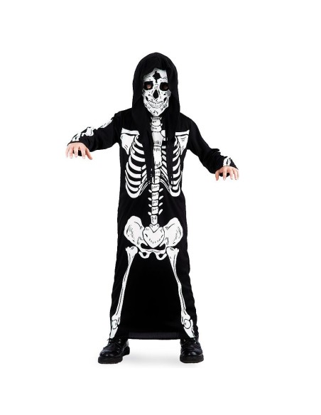 Costume tunica scheletro bambino nero con stampa ossa bianche e cappuccio per Halloween