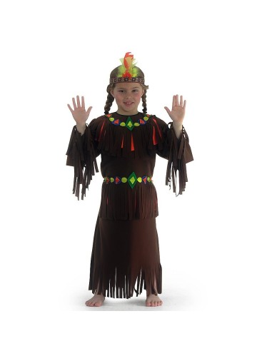 Costume da indiana bambina marrone con frange, decorazioni colorate e fascia con piuma per Carnevale