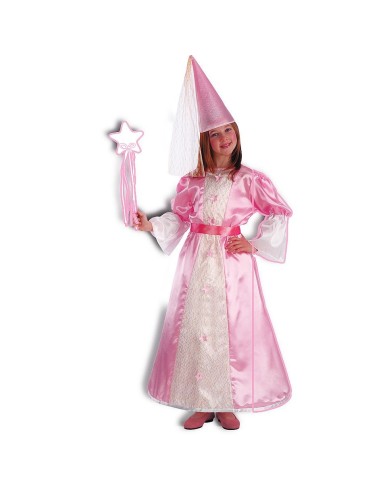 Costume fatina rosa per bambina con abito principessa, cappello a punta e bacchetta magica stella