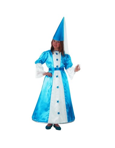 Costume fatina azzurra bambina con abito lungo bianco-blu e cappello a cono stellato per feste