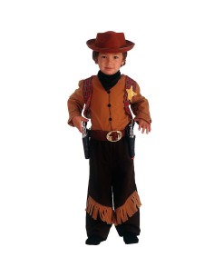 Costume cowboy bambino con gilet marrone cappello e pantaloni neri con frange western