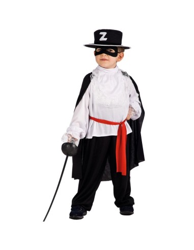 Costume spadaccino bambino con mantello nero, camicia bianca, cappello e cintura rossa per Carnevale