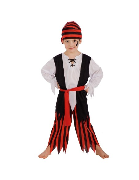 Costume corsaro bambino con gilet nero, pantaloni a strisce rosse, fascia rossa e cappello pirata