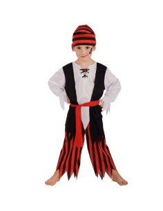 Costume corsaro bambino con gilet nero, pantaloni righe rosse, camicia bianca e berretto pirata