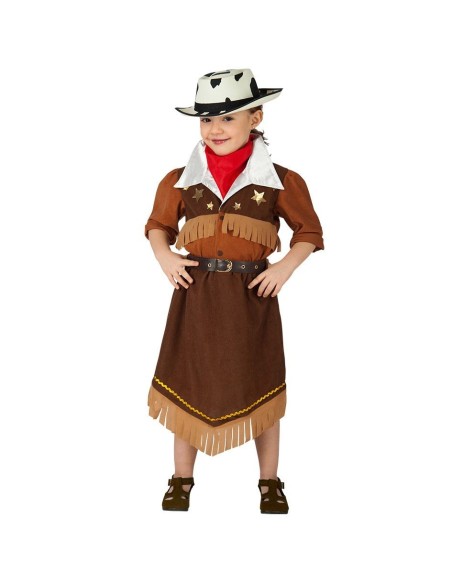Costume dama del west bambina con vestito marrone, frange, cintura e cappello cowboy