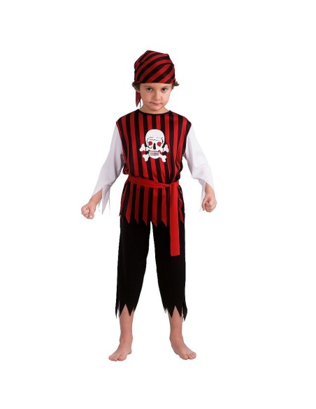 Costume da corsaro bambino con gilet a righe rosse, pantaloni neri e fascia per festa pirata