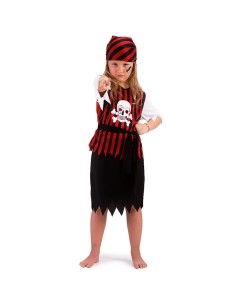 Costume corsara bambina con top righe rosse nere teschio gonna nera bandana pirata Halloween