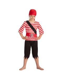 Costume pirata bambino con camicia righe rosse, pantalone nero e cappello rosso per feste