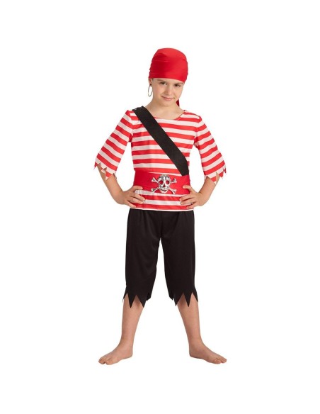 Costume pirata bambino con camicia righe rosse, pantalone nero e cappello rosso per feste