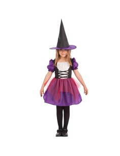 Costume streghetta bambina viola con cappello nero a punta e vestito corsetto