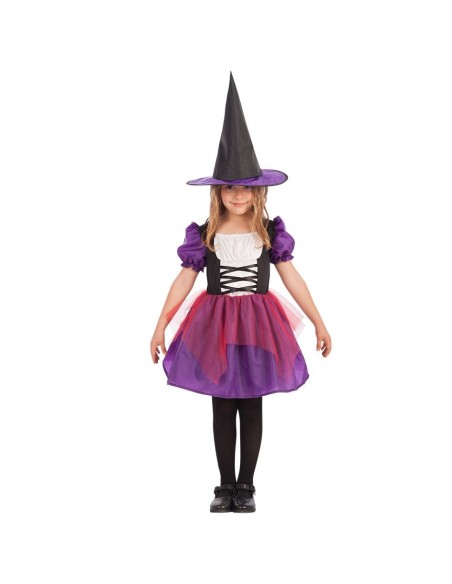 Bambina con costume da streghetta viola e nero con cappello appuntito e gonna svasata per Halloween