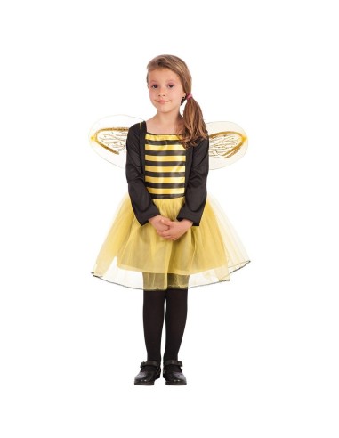 Costume da ape bambina con tutù giallo, corpino a righe e ali dorate per feste a tema