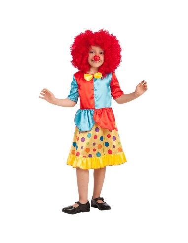 Costume clown bambina multicolore con gonna pois gialla e corpetto azzurro rosa per feste