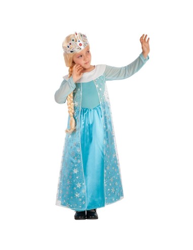 Costume principessa azzurra bambina con abito lungo celeste e decorazioni brillanti per feste tema fiabe