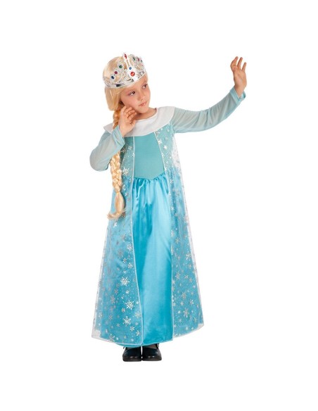 Costume principessa azzurra bambina con abito lungo celeste e decorazioni brillanti per feste tema fiabe