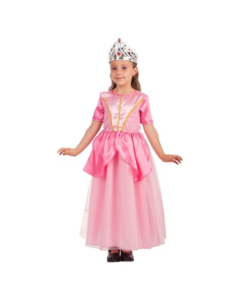Costume principessa rosa bambina con abito lungo, corpetto decorato oro e corona per feste tema fiabe