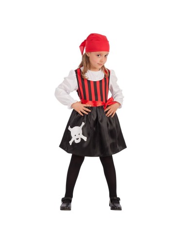 Costume piratessa bambina con corpetto righe rosse nere gonna teschio bandana rosso
