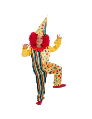 Bambino con costume da clown multicolore a strisce e pois con cappello a punta e rouche rossa
