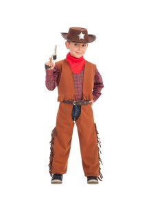 Costume cowboy bambino con gilet marrone, pantaloni frange, cintura e bandana rossa per feste western