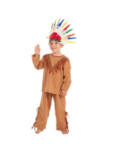 Costume da indiano bambino con tunica marrone frange e copricapo piume colorate per 4-5 anni