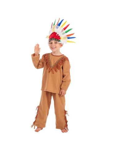 Costume da indiano marrone con copricapo piumato multicolore per bambino