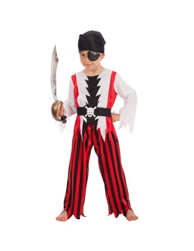 Costume pirata bambino con benda occhio spada camicia gilè pantaloni righe rosse nere