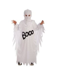 Costume fantasma bianco bambino con cappuccio mantello e scritta BOO per Halloween