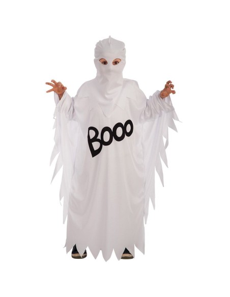 Costume fantasma bianco bambino con cappuccio mantello e scritta BOO per Halloween