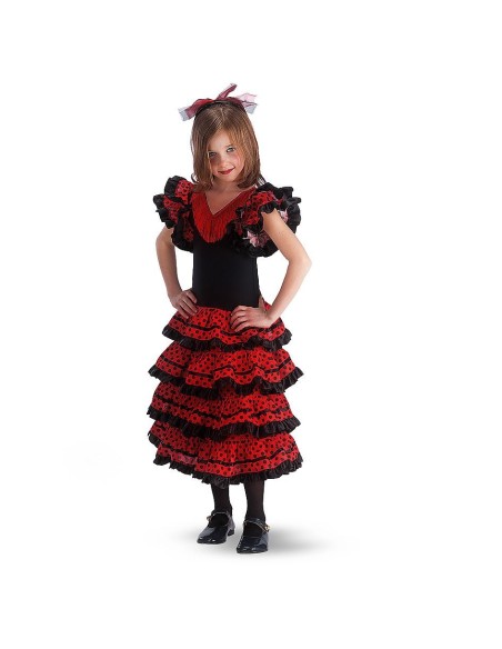 Costume Carmencita bambina con abito rosso nero a balze per feste tradizionali spagnole