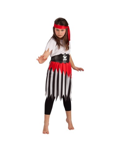 Costume corsara pirata bambina con maglietta bianca gonna a righe e bandana rossa